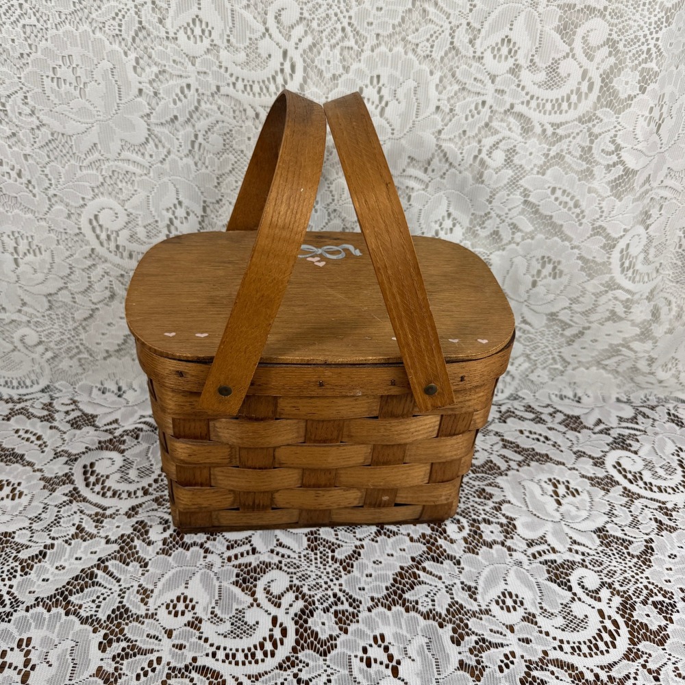 Woven Wood Picnic Basket Hand Painted Hearts Blue Ribbon Hinged Lid Farmhouse